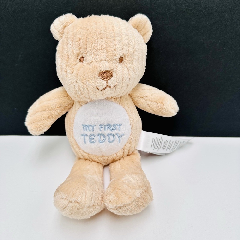 Little Me My First Teddy Tan Stuffed Animal Baby Lovey Blue Embroidery Ribbed
